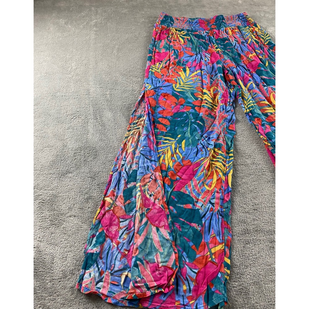 Kona Sol Womens Medium Tropical Palm Print Smocked Wide Leg Cover Up Pants Pink - Picture 5 of 15